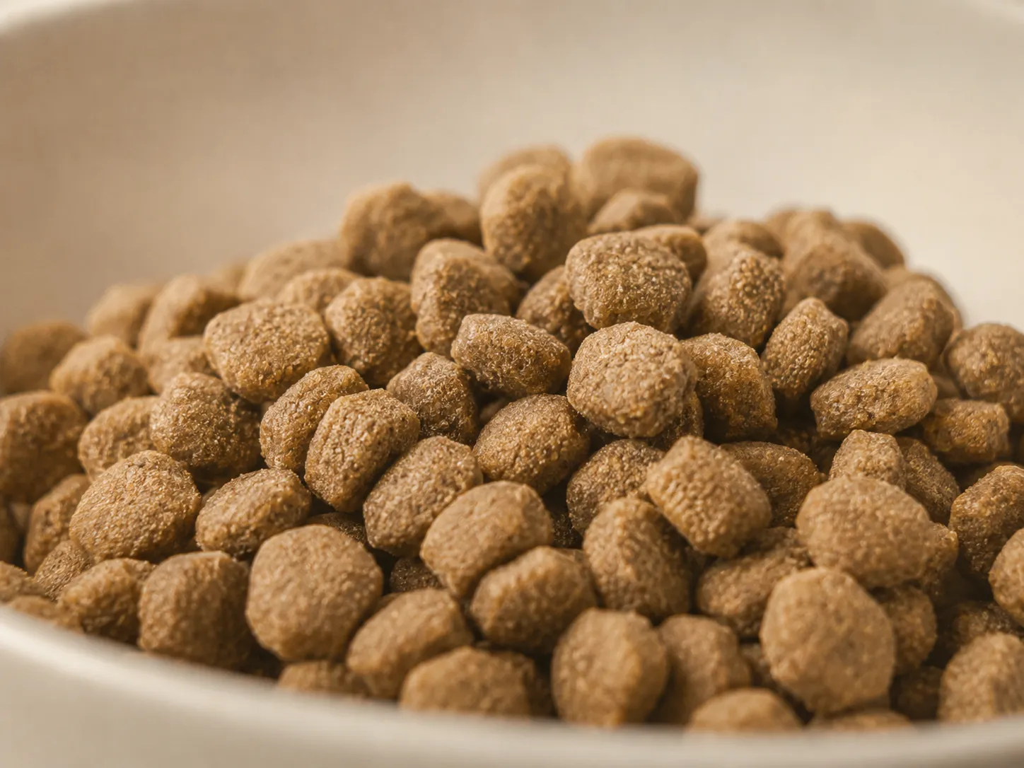 Ração seca em pellets castanhos numa taça