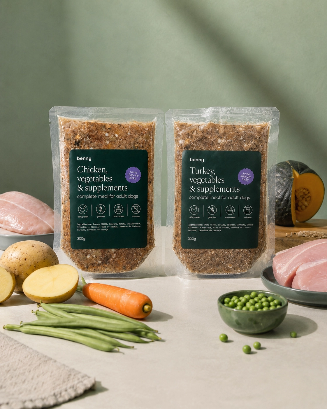 Pacotes de comida real Benny — frango e peru — com legumes frescos à volta