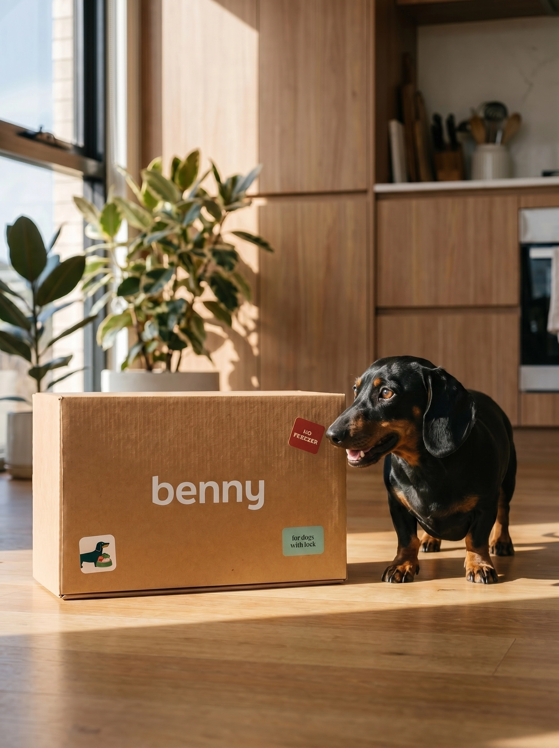 Uma box benny acabada de chegar ao chão da cozinha, com um cão ao lado